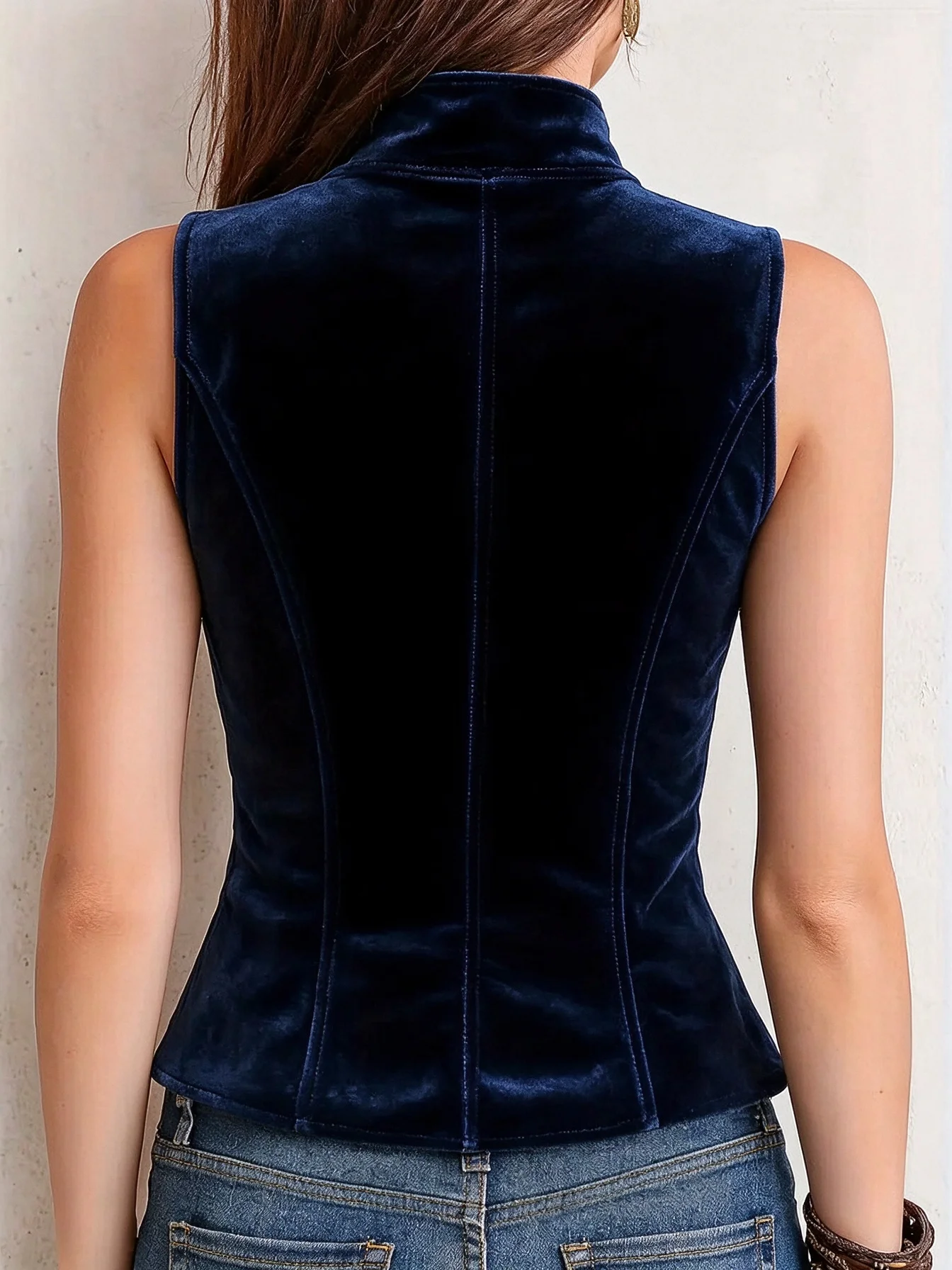 Women's Retro Dark Blue Velvet Vest, Sleeveless V-Neck Double-Breasted Slim-Fit Vest, Vintage Gothic Solid Color Vest Top