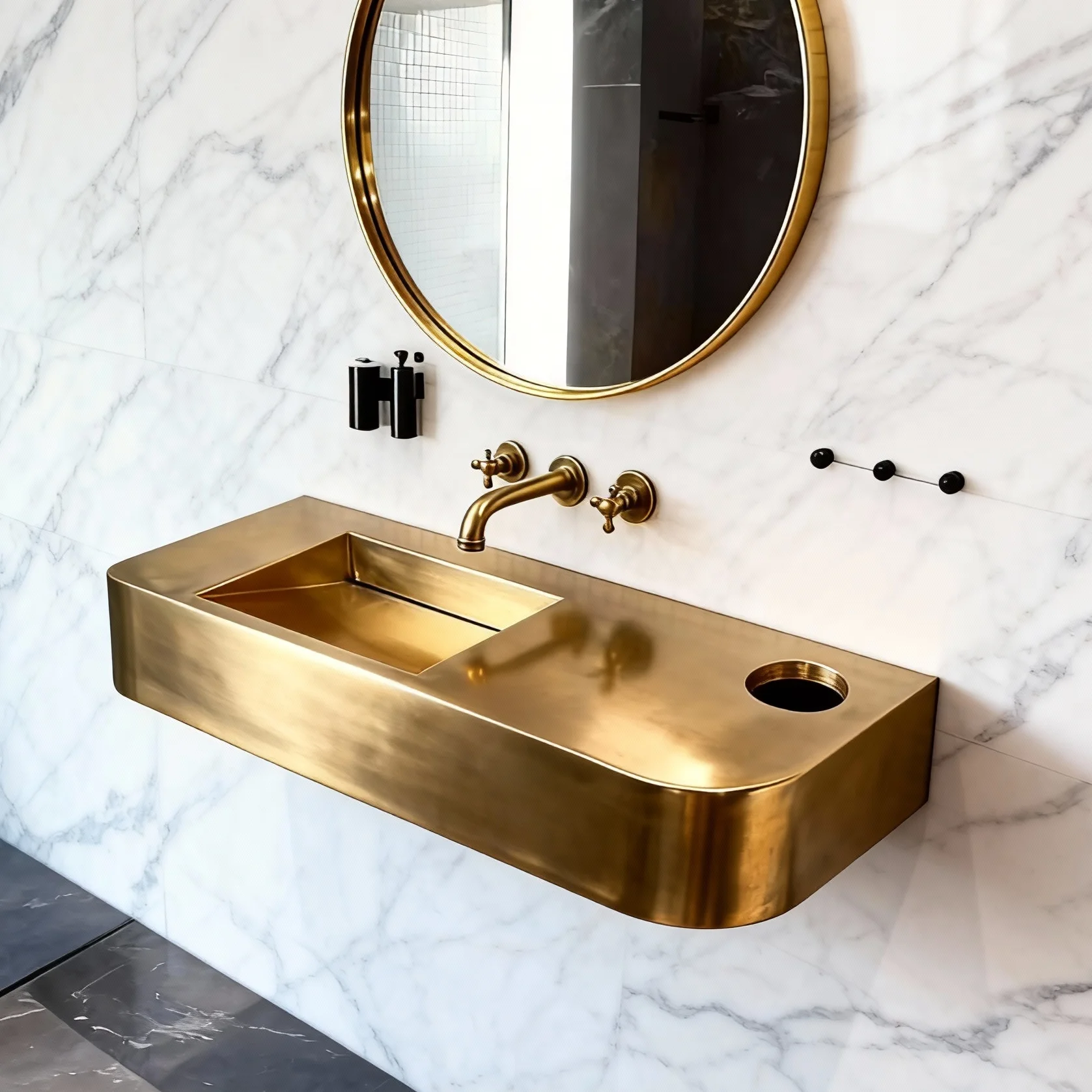 

Зеркальный шкаф, роскошная настенная тумба из латуни на заказ с интегрированной раковиной, скрытый слив, дизайн для отелей бутик-класса