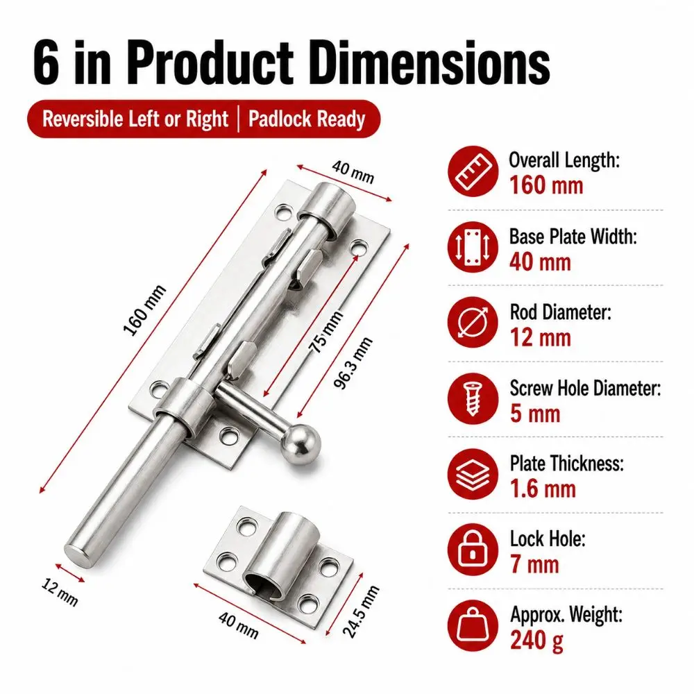 Durable 6 inch Barrel Bolt Latch 304 Stainless Steel Heavy Duty Gate Latch Padlock Hole Thickened Slide Bolt Lock Fence Garage