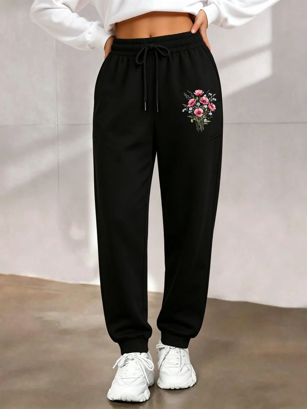 Schöne Sweatpants mit Aquarellblumen-Print für Damen, Basic-Fleece-Jogginghose, lässige Hose mit Taschen, lockere Winterkleidung – Detail 17