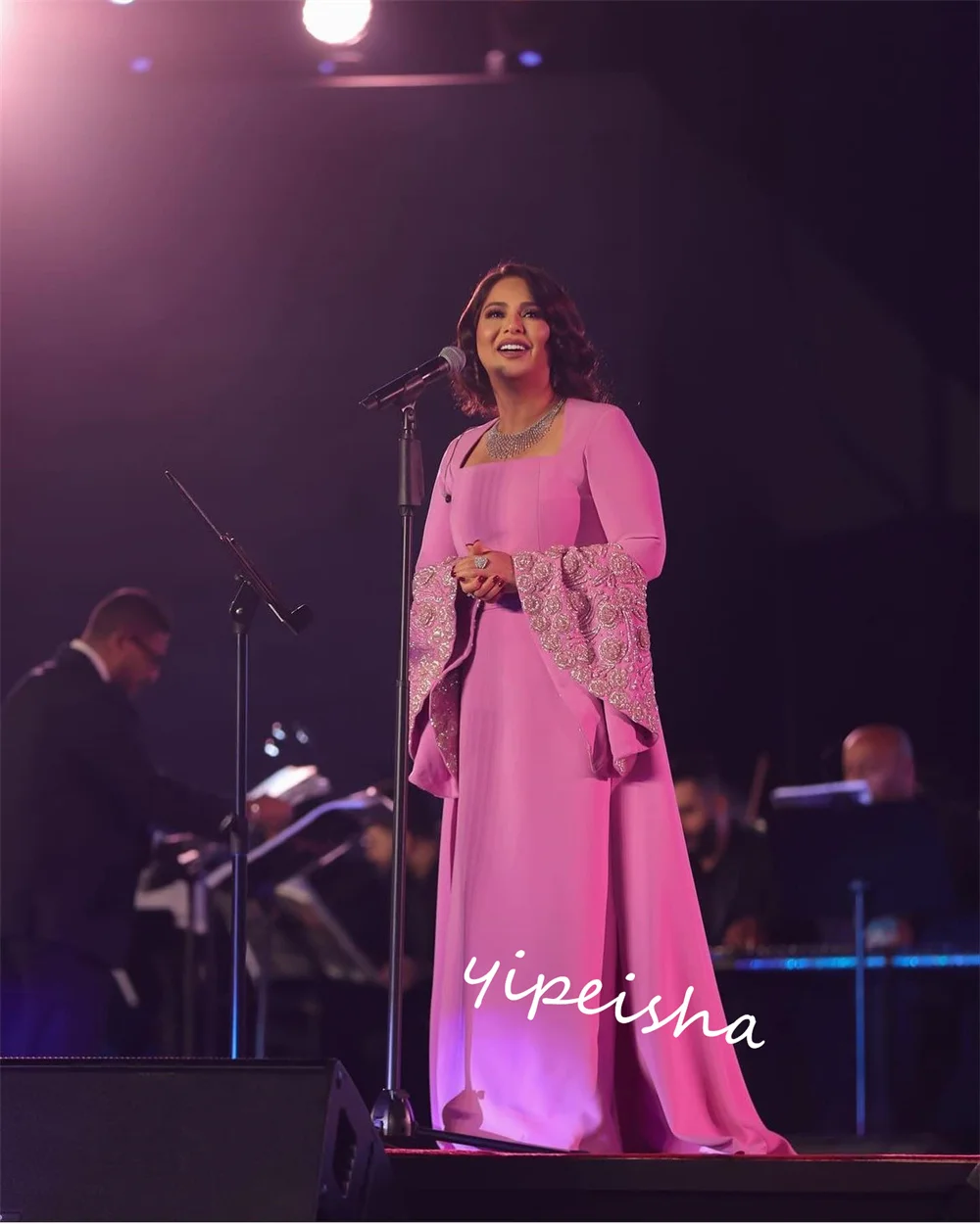 Jersey con volantes y cuentas para el Día de San Valentín, Vestido largo de cuello cuadrado a medida para ocasiones