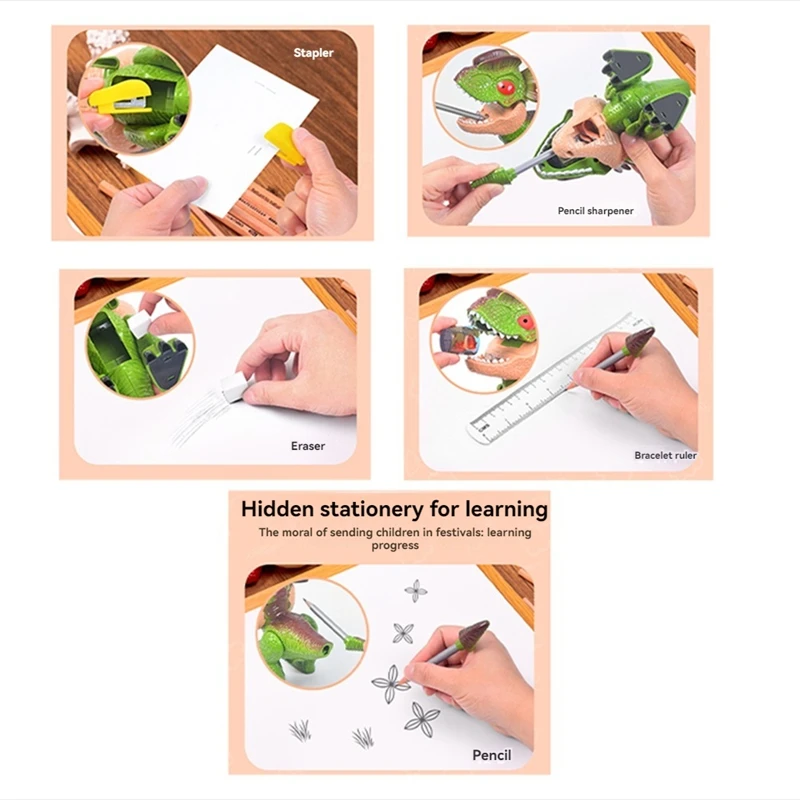 1Set Dinosaur Stationery, Eraser Ruler, Pencil Sharpener Student Binding Machine School Supplies, Gift Stationery D