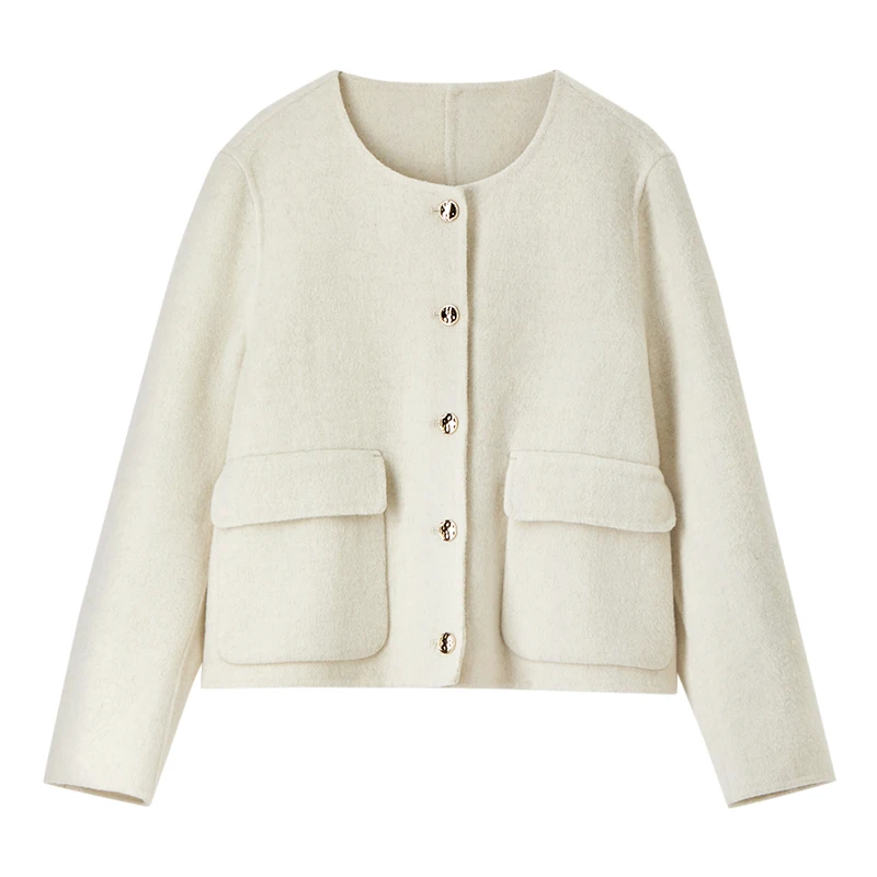 SENTUBILA Damskie Wełniane Krótkie Kurtki 2025 Zima Okrągły Dekolt Metalowe Jednorzędowe Kieszenie Elegancka Odzież Wierzchnia Biurowa W44O56000