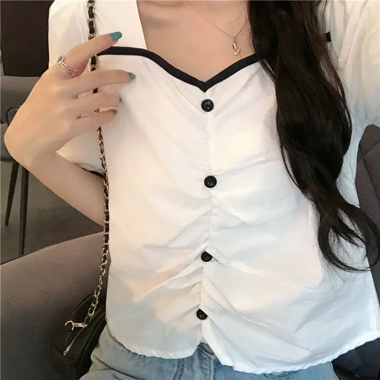 Niche Short-sleeved Square Collar Shirt for Women Puff Sleeve Top