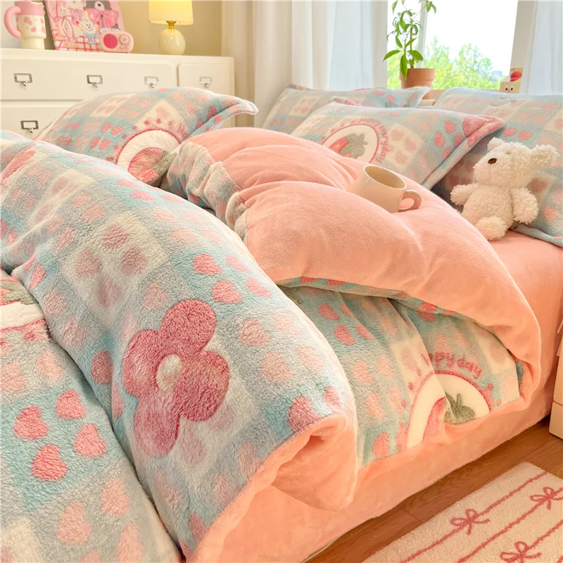 Strawberry Heart Plaid Flannel Duvet Cover,Soft Warm Thick Plush Shed-Free Comforter Cover,Cute Sweet Quilt Cover Winter Bedroom