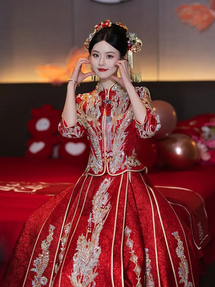 

New Chinese-style wedding dress gown bridal toasting heavy industry for women