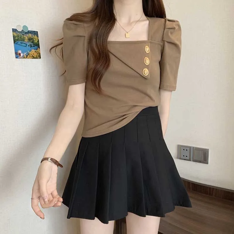 

Sweet Square Collar Spliced Button Puff Sleeve T-Shirt Female Clothing 2024 Summer New Loose All-match Tops Casual Tee Shirt