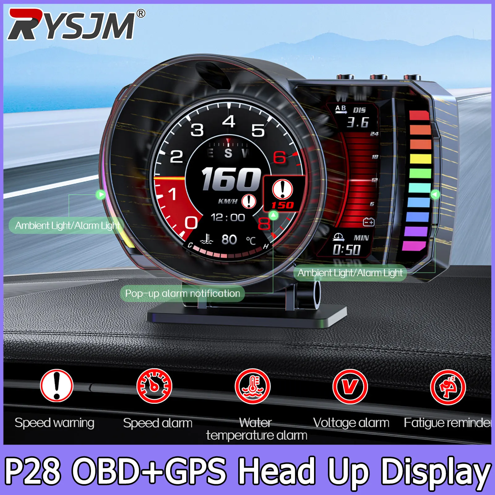 P28 Water Temperature Gauge OBD+GPS HUD Head Up Display Car On Board Computer Digital RPM Voltage Speedometer Overspeed Alarm
