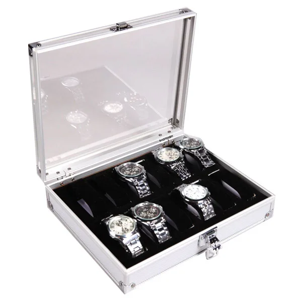 

Lockable Watch Display Box Durable Aluminum Alloy Silver 26X21X6.3Cm Transparent Glass Lid Dustproof Jewelry Storage Case