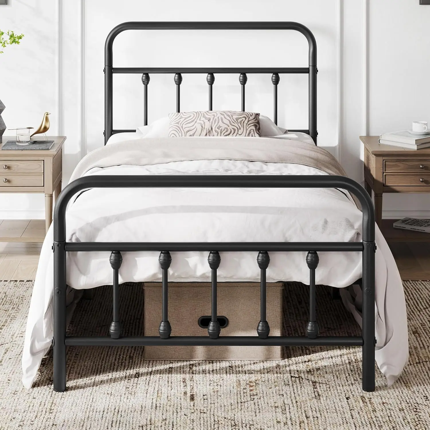 Bed frame, mattress base, wrought iron headboard/footrest/storage space under the bed/no need for springs/black twin beds