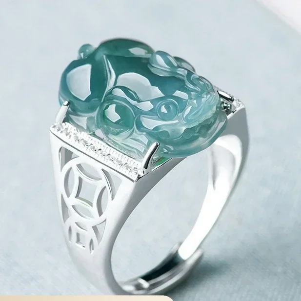 A-grade Jade Blue Water Pixiu Ring for Men Women Pairing High Grade Ice Jade Fashion S925 Silver Inlaid Ring Adjustable Goodgift