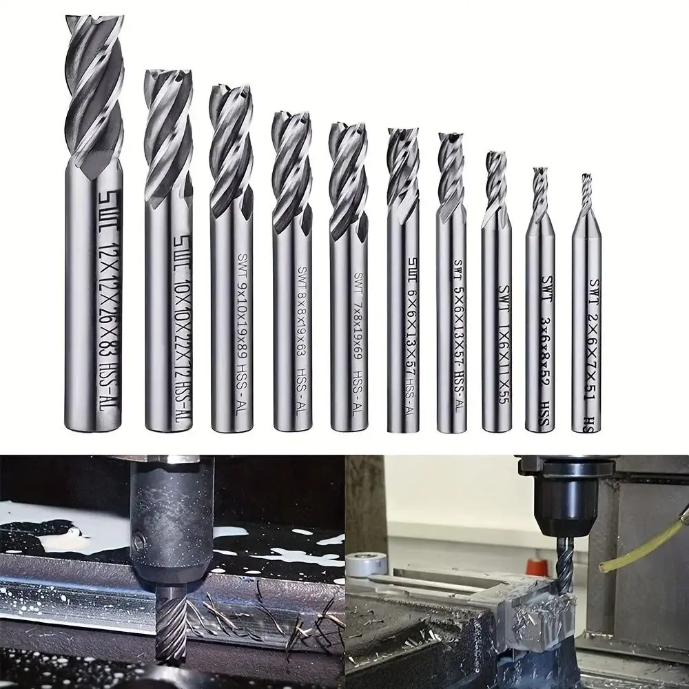 

7/10Pcs High-Speed Steel End Mill Set Straight Shank 4-Flute Spiral Milling Cutter Set Professional 1.5-12mm CNC Milling Tools