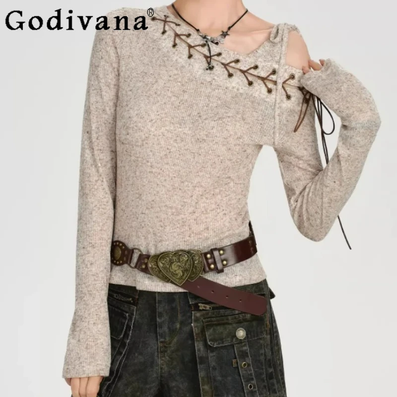 New American Retro Sexy Long Sleeve Lace-up Slim T-shirt Spring Autumn Women Fashion Versatile Age-reducing Elegant Splicing Top