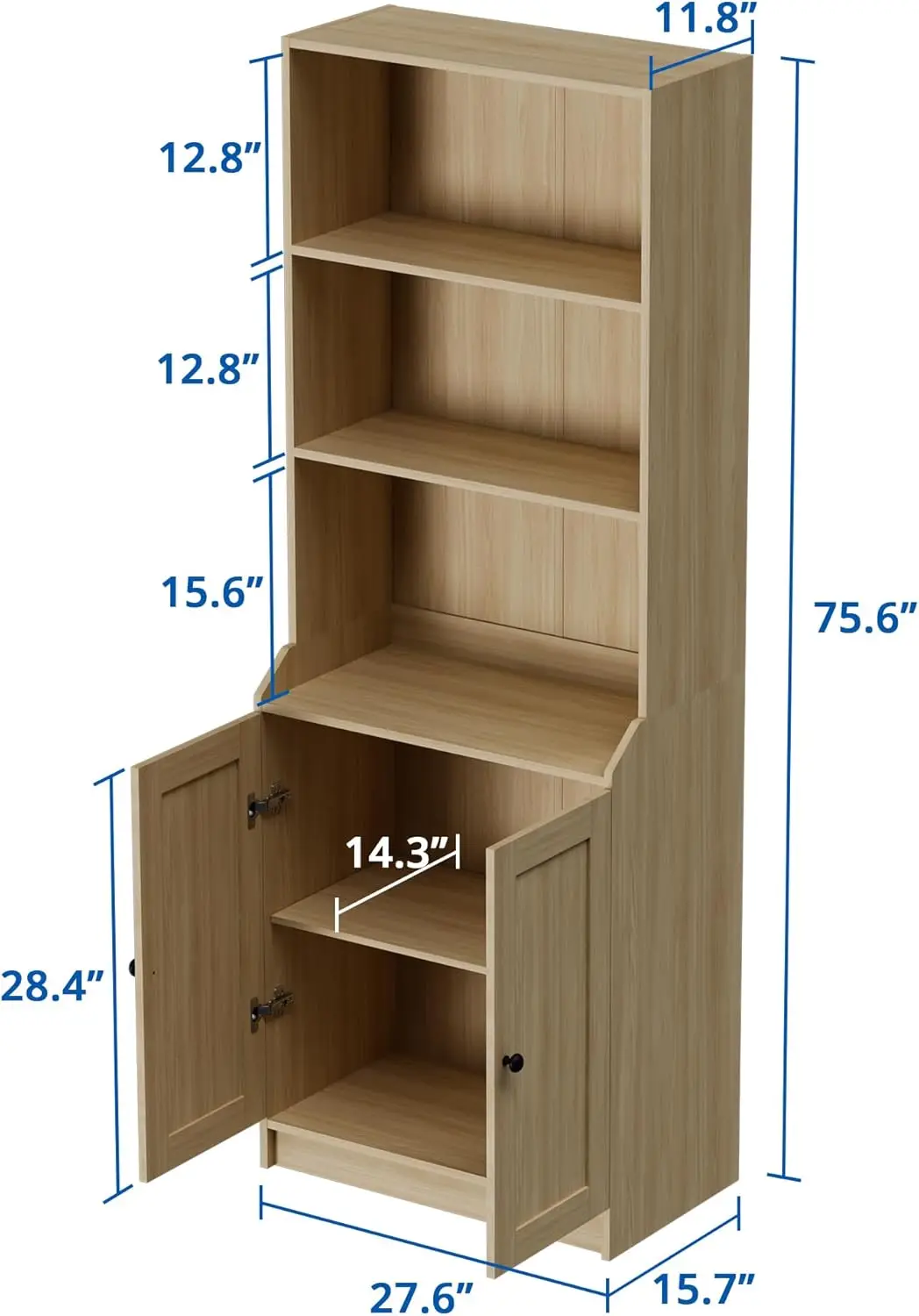 75 Inch Tall Bookcase with Doors, Modern Floor Standing 5-Tier Bookshelf with Storage Cabinet and Adjustable Shelves for Living