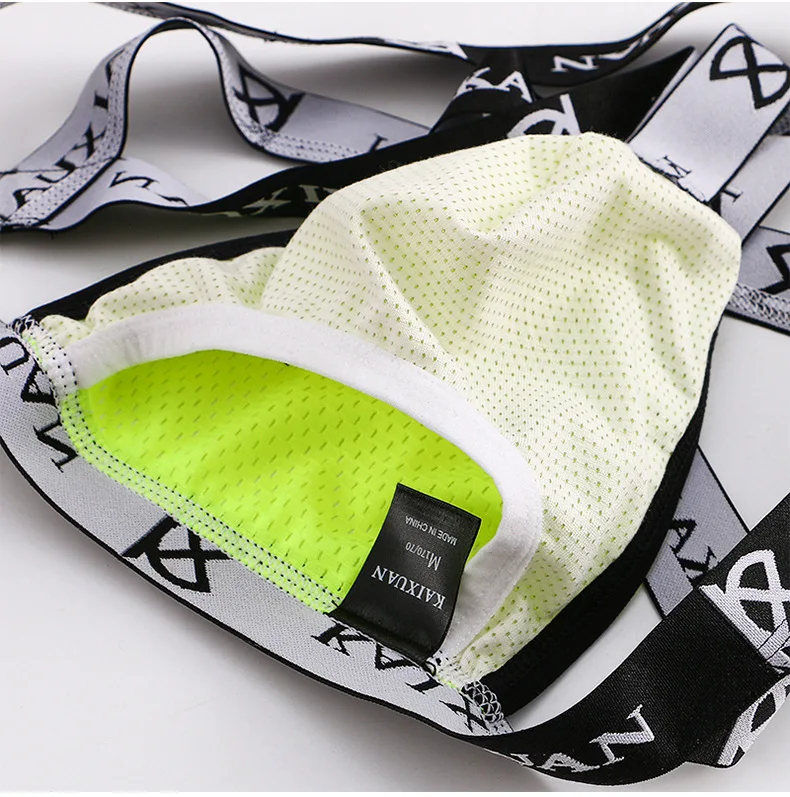 Męski stringi z siateczki lodowego jedwabiu, seksowne majtki z wypukłą kieszenią U, erotyczne, z odkrytymi pośladkami, elastyczne, kontrastowe kolory.