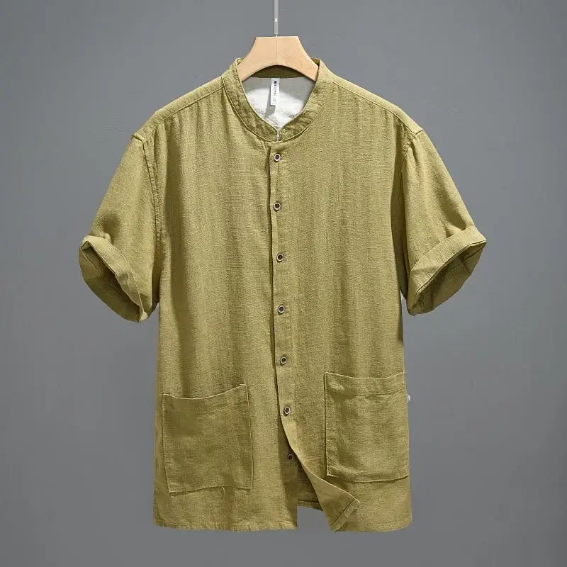 New Chinese Retro Stand Collar Ramie Short Sleeve Men's Loose Breathable Casual Chinese Style Thin Shirt