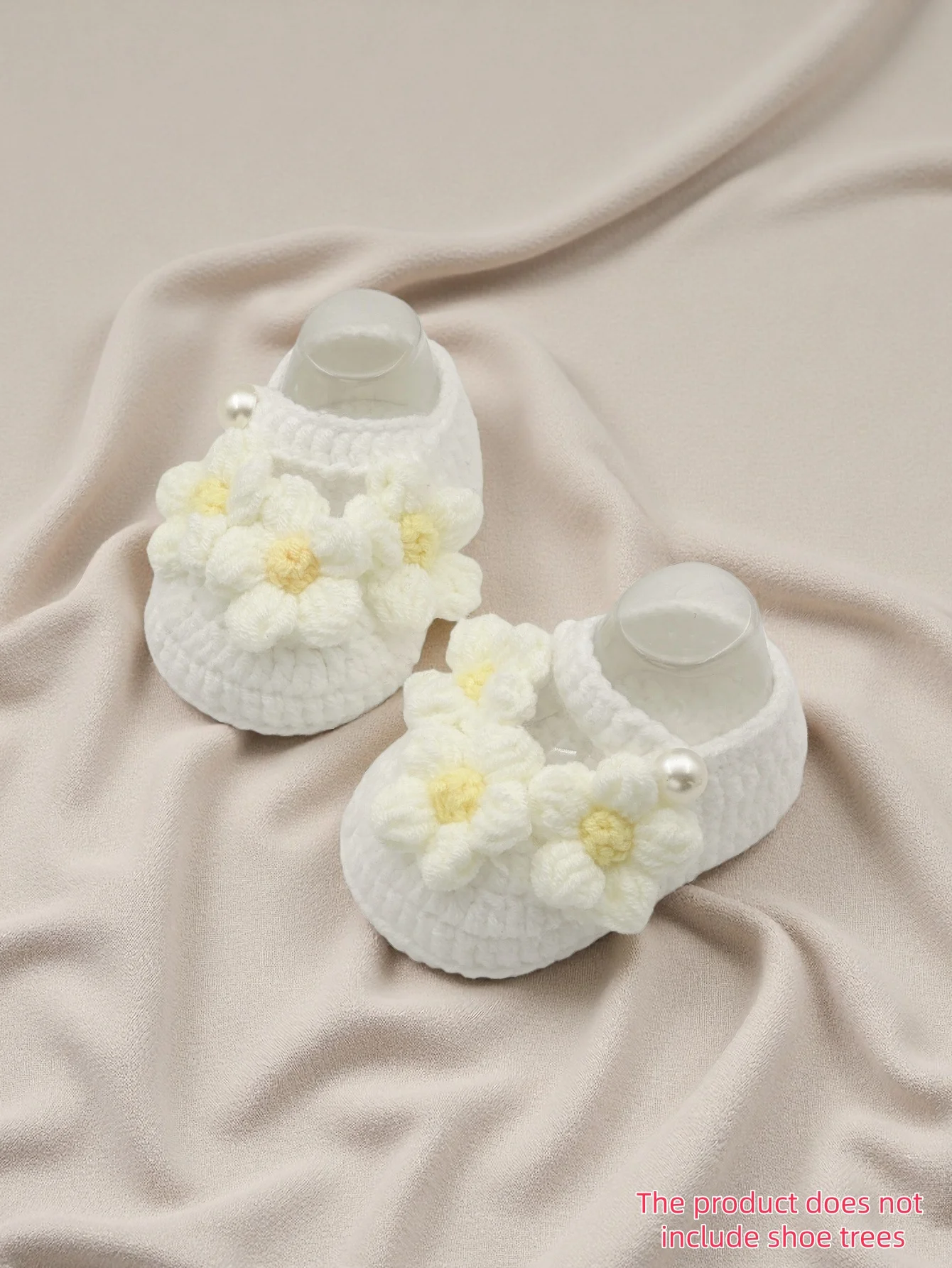 

1 Pair Handmade Crochet Baby Booties, White with Daisy Flowers and Pearl Accents, Soft Knit Newborn Shoes