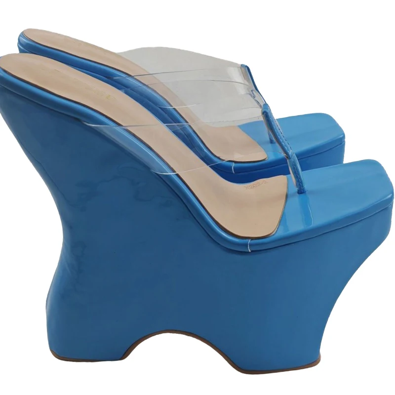 

DIZHUANG Сексуальные женские тапочки на высоком каблуке. Синие тапочки на платформе. Тапочки с квадратным носком в странном стиле. Высота каблука 20-22см.