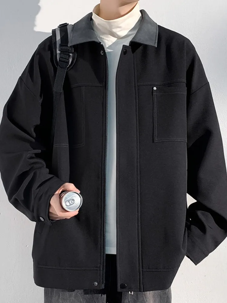 

American Retro Color Blo Collar Jaet Men's Autumn Winter Loose Casual Sle Faion Brand Trendy Loose Fit Zipper Closure