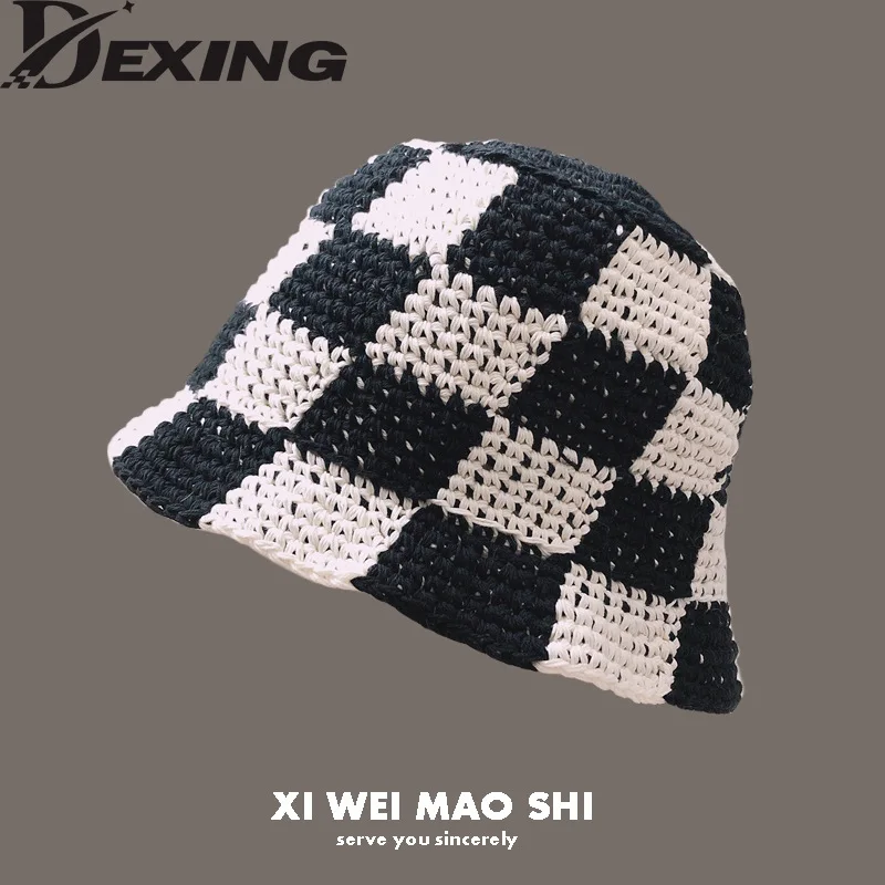 Spring Summer Handmade Bucket Hats Crochet  Women Soft  Sun Hat  Beach Hats Plaid Bob Fisherman Cap  Checkered Bucket  Hat