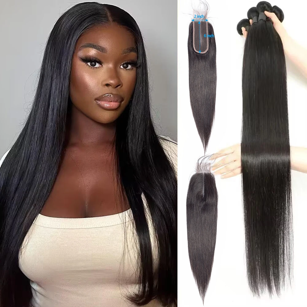 YOCYTU Human Hair Bundles With 2x6 Closure 26 26 26 Inch Straight Human Hair Bundles 12A Brazilian Weave Human Hair Bundles Raw Hair 100% Human Hair