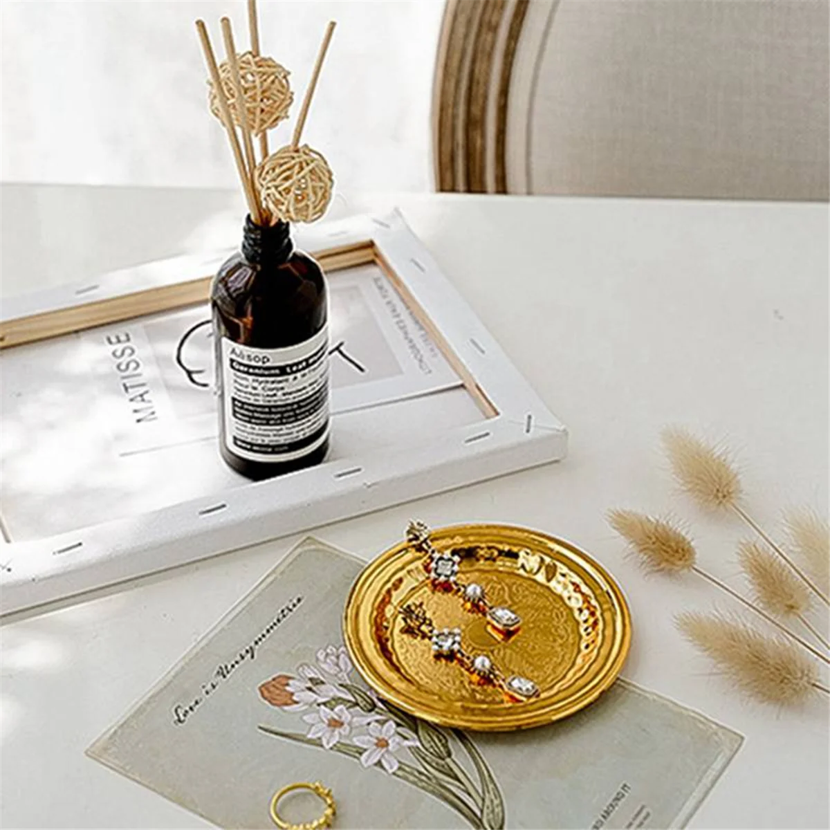 HHTL Vintage Jewelry Tray Round Storage Rack Tray with Lace Round Dot + Flat Edge Tray