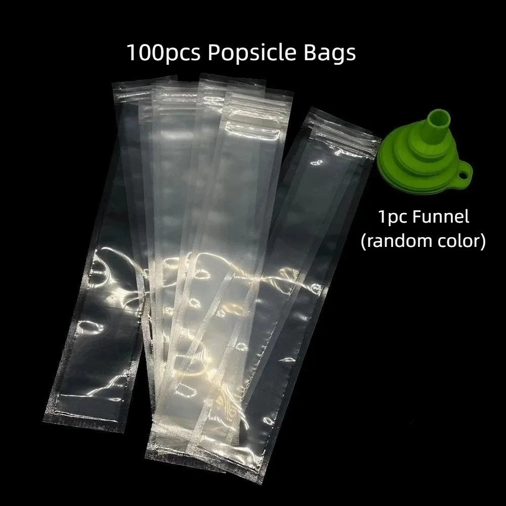 100pcs Food Grade Disposable Transparent Ice Lolly Bag Leak-Proof Self Seal Ice Bags DIY with Funnel Ice Cube Mold Cool Summer
