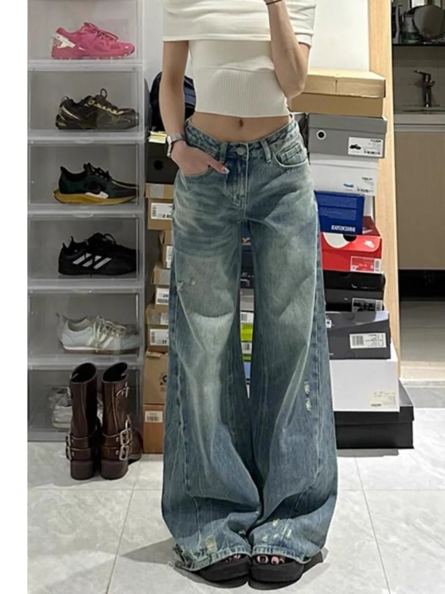 

Американские ретро-джинсы светло-голубого цвета с низкой посадкой, широкими штанинами, универсальные, свободного кроя, длиной в пол, модные, повседневные...