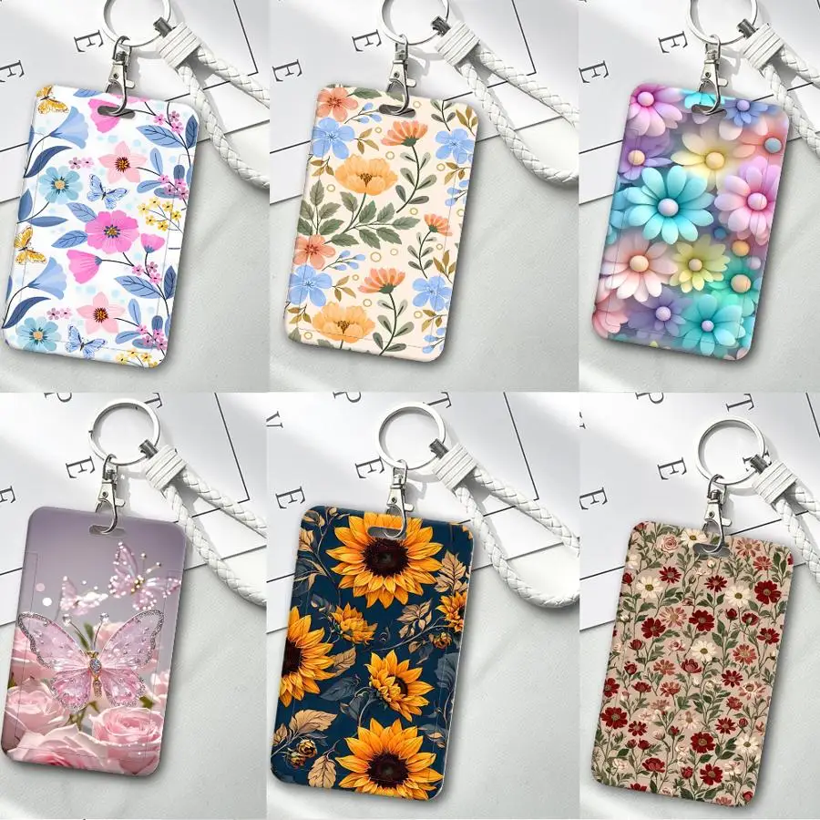 1Pc Card Holder Retractable Credit Card Holders Holders Child Bus with lanyard Badge Bank ID Cover Case Fashion Beautiful Flower