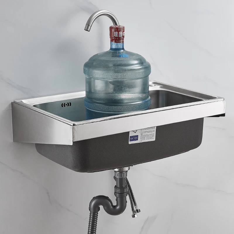 

Small Apartment Kitchen 304 Stainless Steel Sink with Bracket Washing Basin Wall Hanging Upper Bracket Double Slot Single Groove