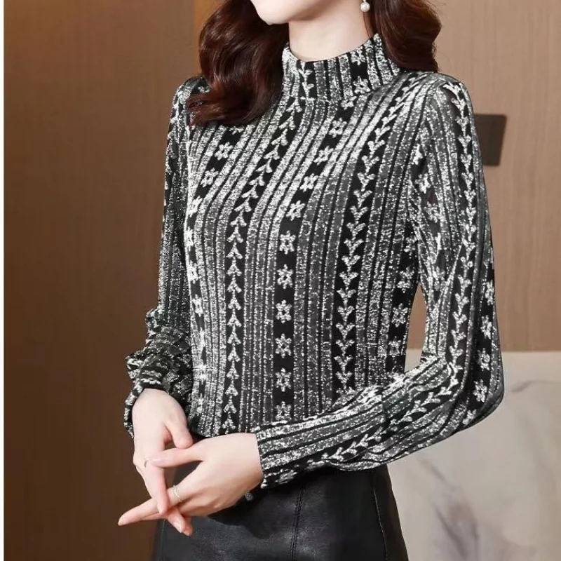 Autumn and Winter Fashion New Oversize Women\'s Clothing Printed High Neck Long Sleeve Solid Color Simplicity Commuter T-shirt