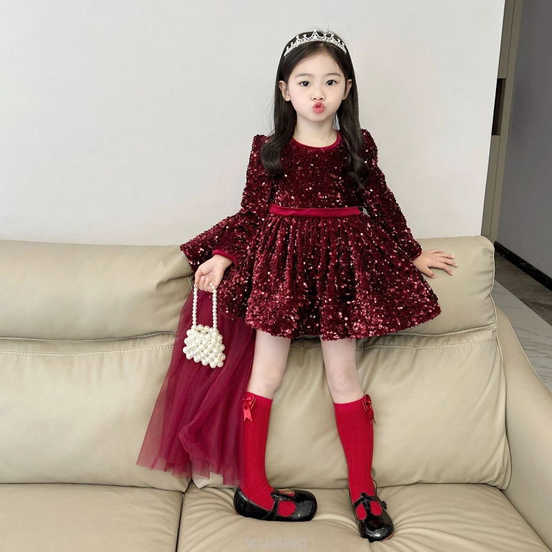 Wed Dress Children Birthday Bow Train Tulle Party Gown Wedding Flower Girl  Winter Kids Girls Glitter Fleece Princess Dresses