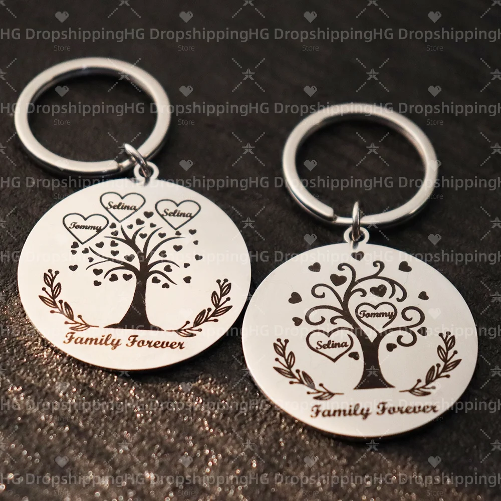 Custom Engrave Family Members' Name Keychain 35mm Round Stainless Steel Keyring Personalized Gift For Family Men Women Birthday