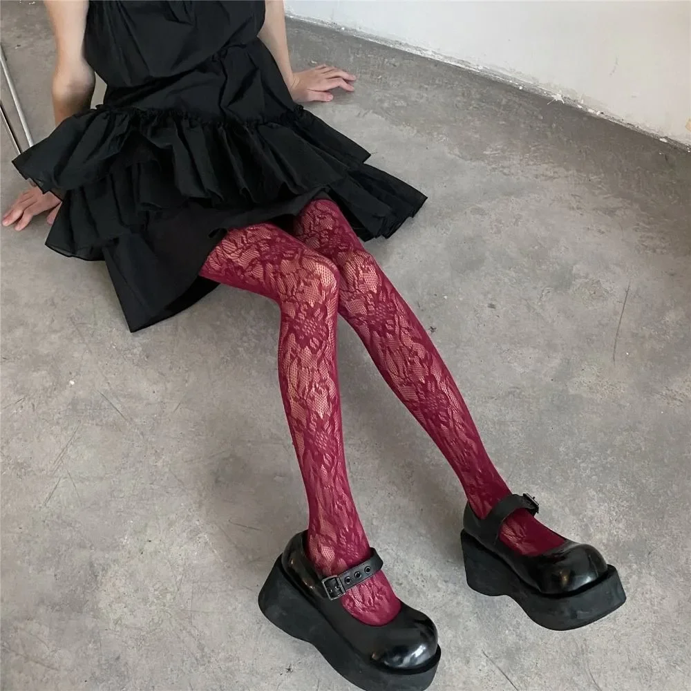 Y2k Fashion Gothic Flower Hollow Out Sexy collant donna Fishnet Wine Red Ins Hot Girls JK collant Leggings Hipster elastici alti