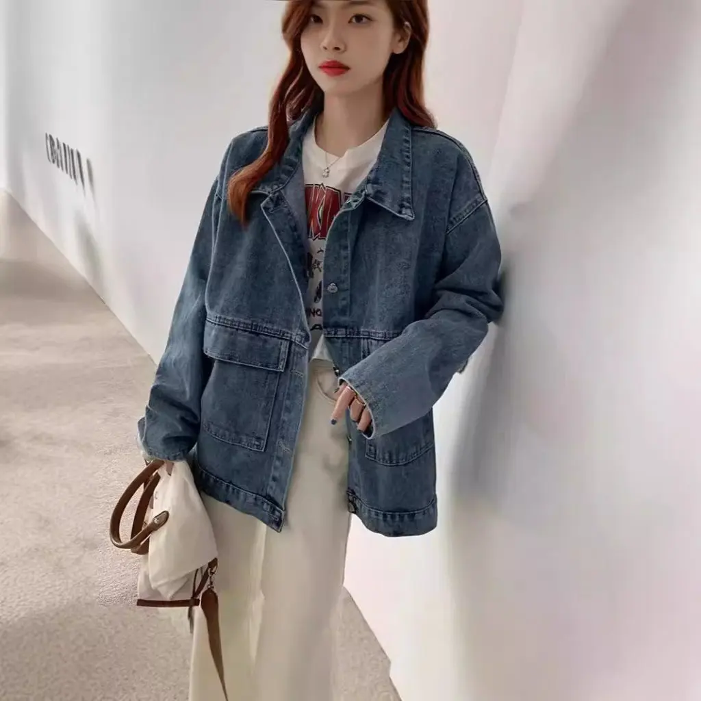 Women's Loose Denim Jacket Korean Style Mid-Length Trendy Elegant Top for Spring Autumn All-Match Student Wear