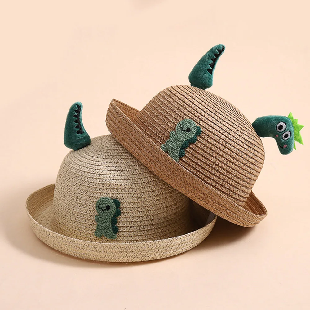 Children's Summer Fisherman Hats Boys And Girls Cartoon Dinosaur Straw Sunshade Visor Caps Kid's Cute Headdress