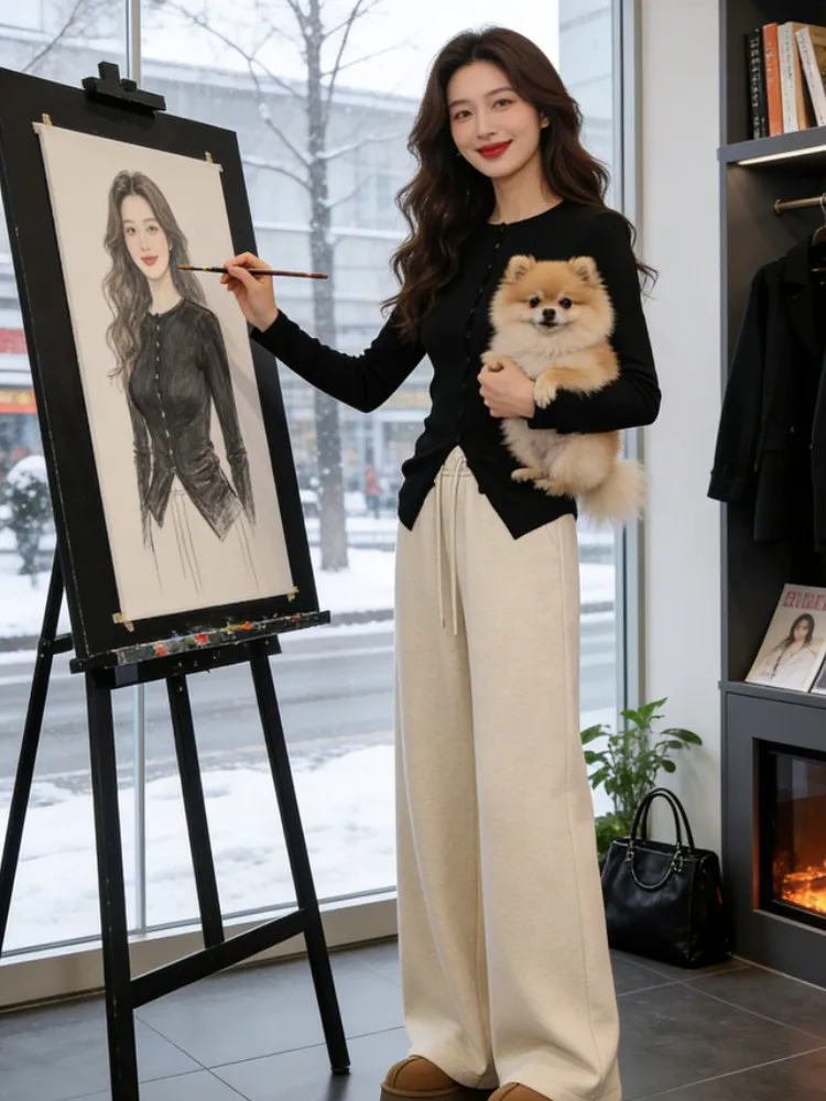 

Autumn Winter Women's Slim Fit Long Sve Knitted Cardigan Bla Button up Casual Inner Wear Breathable round Ne Top