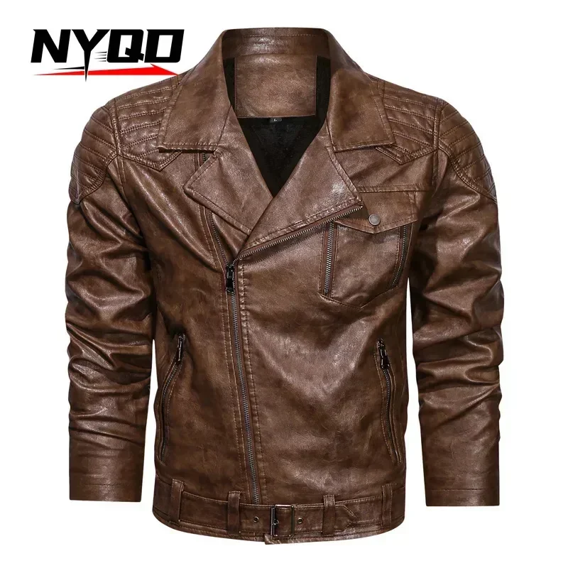 Autumn and Winter Men's Leather Jacket Racing Motorcycle Electric Bicycle Big Collar High-end LeatherCoatChaqueta de motocicleta