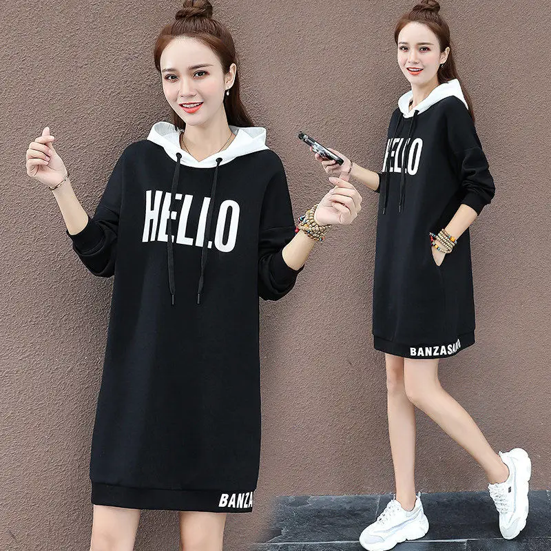 Fashion Printed Letter Spliced All-match Lace Up Hooded Mini Dress Female Clothing 2024 Spring New Loose Korean Casual Dresses