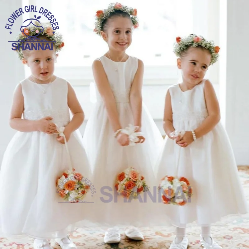 2023 First Communion Dresses Girls White & Ivory Simple Round Neck Bowknot Flower Girl Dress for Weddings Prom Bridesmaid Party