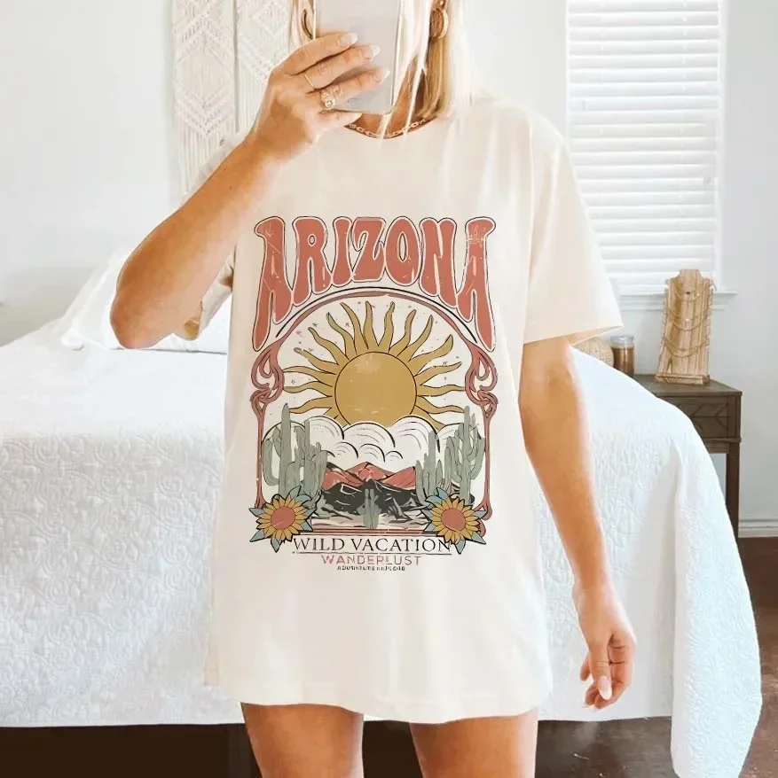 Arizona Art Sun Retro Graphic Tees Women Oversized 70s Hippie Boho T Shirt Cute Positive T-Shirts Vintage Aesthetic Clothes