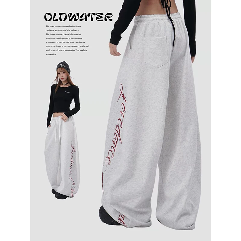 ZHIZOU Women's Gray Baggy Pants Oversize Sweatpants Print Long Pants Harajuku Japanese 2000s Style Y2k Vintage Trousers Clothes