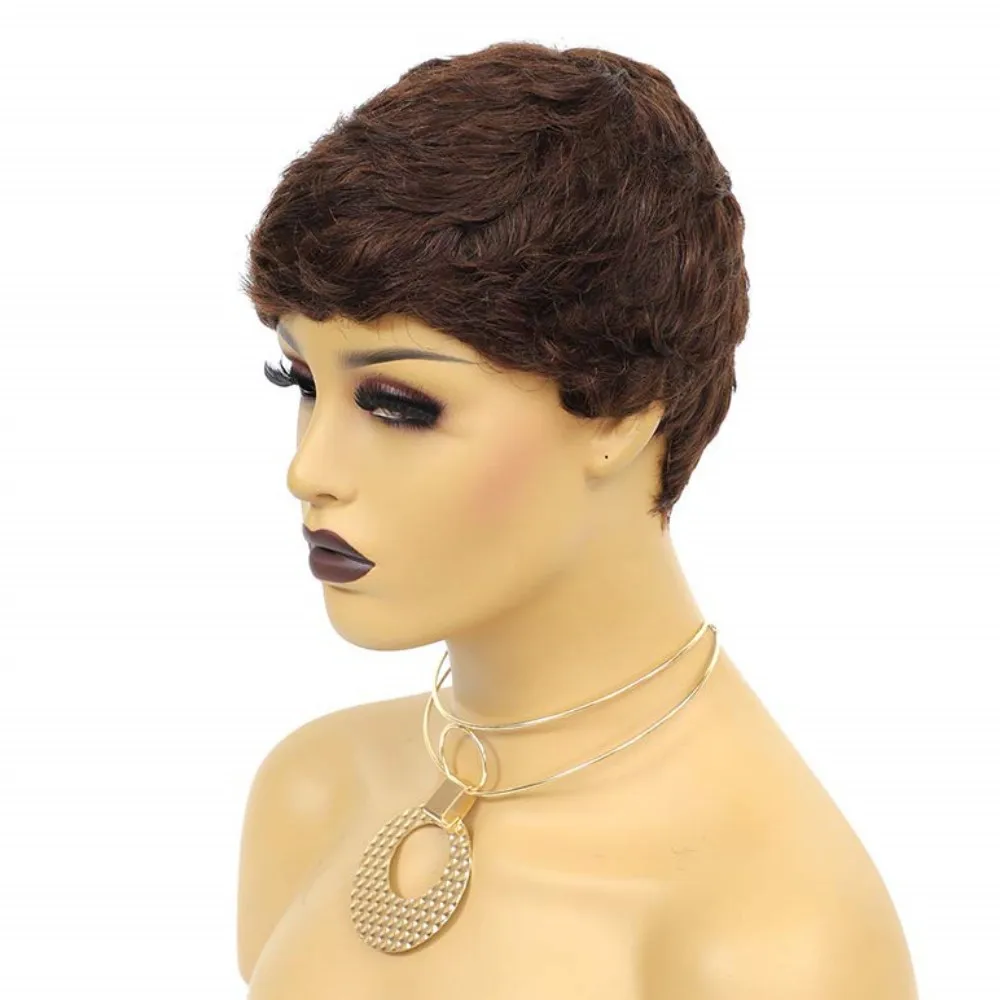 짧은 곱슬머리 여름 레이어드 인모 픽시컷 풀 머신 메이드 가발 (데일리용)