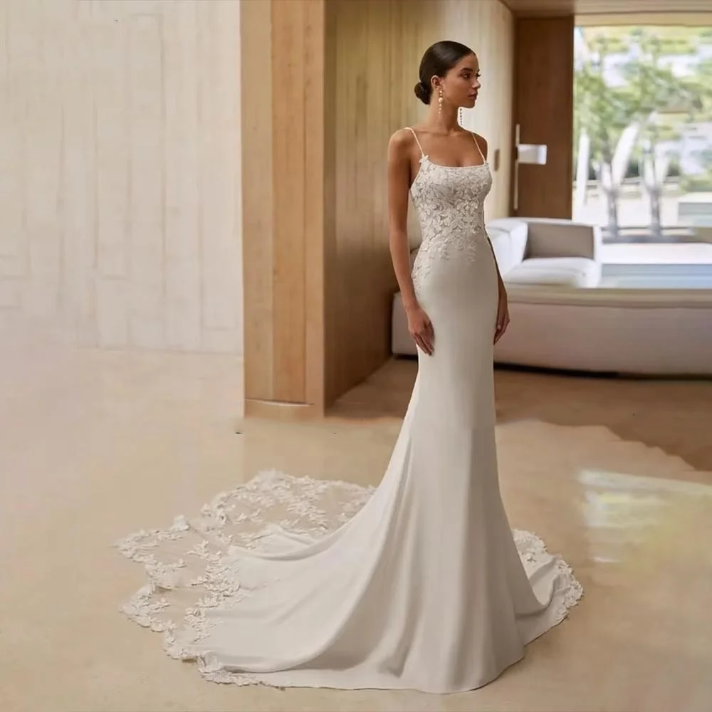 

Customized Exquisite Scoop-neck Ruched Wedding Gown Charming Mermaid Lace Spaghetti Strap Bridal Dresses Vestidos De Noiva