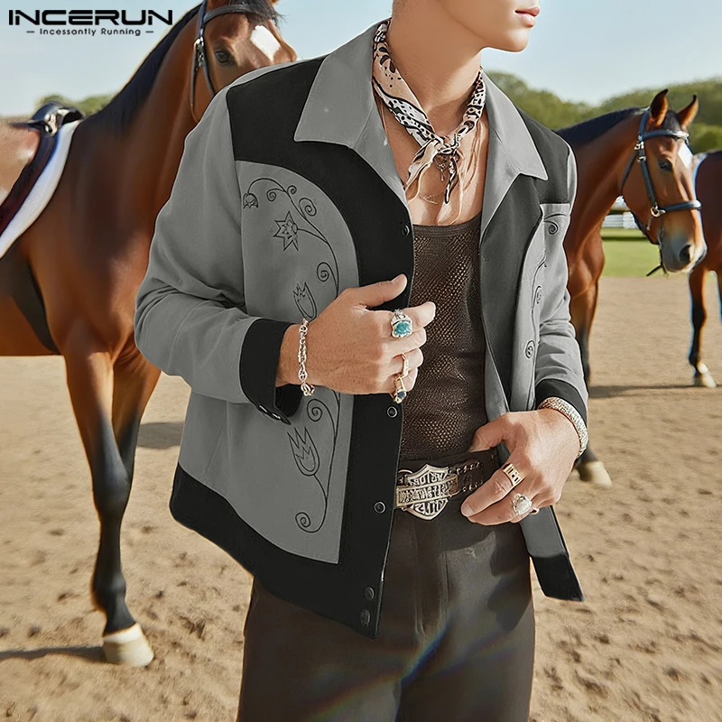 INCERUN Men Jackets Patchwork Lapel Long Sleeve Button Casual Male Coats Streetwear 2025 Loose Fashion Male Jackets Outerwear