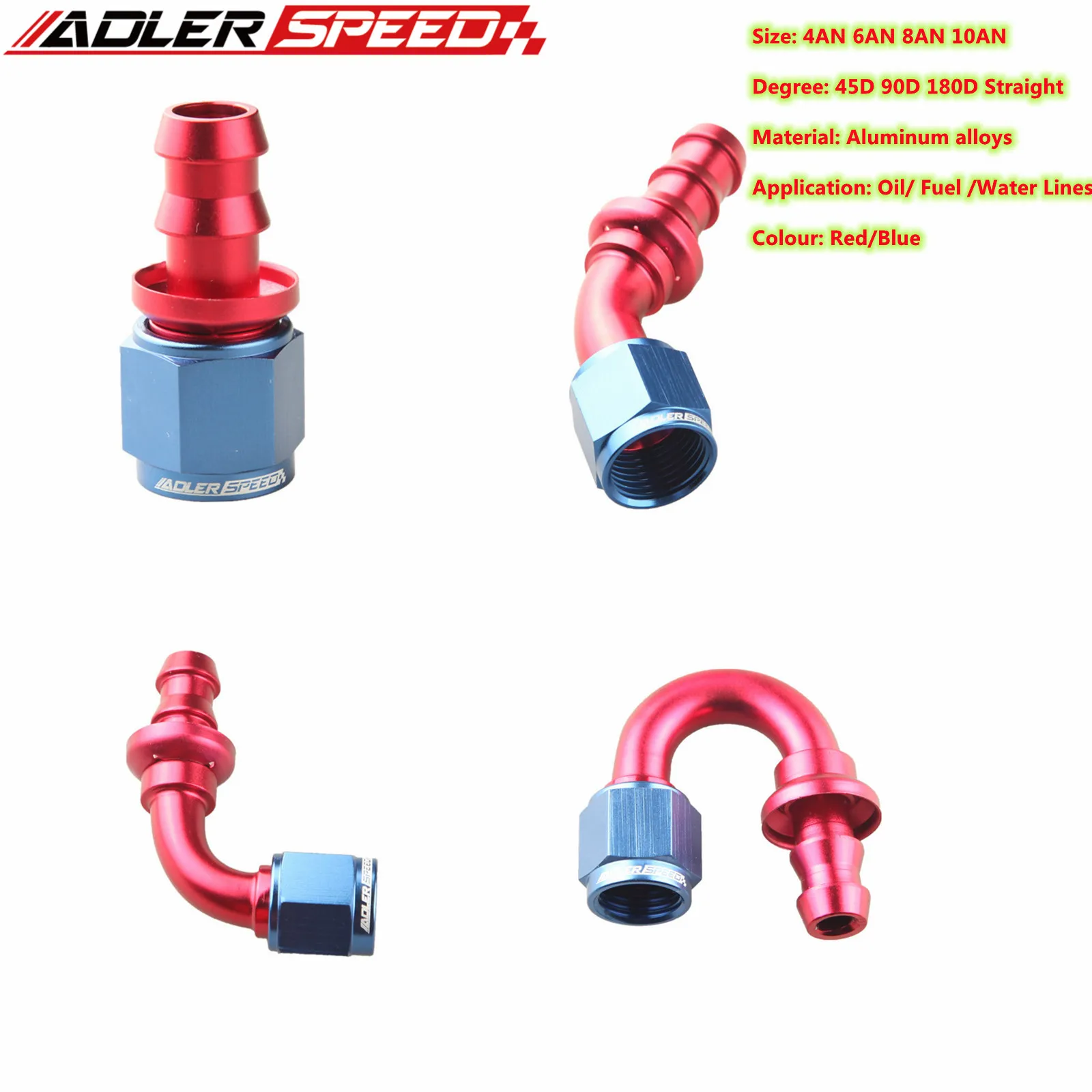 AN4/AN6/AN8/AN10/AN16 Straight 0/45/90/180 Degree Female Swivel to Push Lock Hose End Fitting Oil Fuel Hose End Adaptor Kit