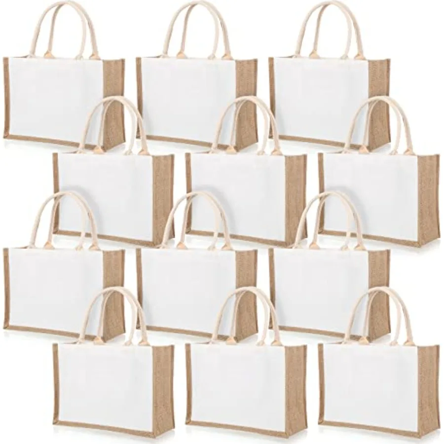 

12 Pcs Jute Tote Bags - White Large Burlap Tote Beach Bags with Handles and Blank Reusable Waterproof for Grocery Bridesmaid We