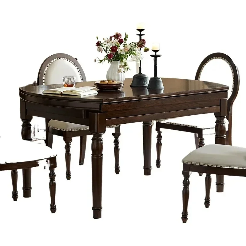 All solid wood dining table French light luxury, long round table and chair combination, all logs