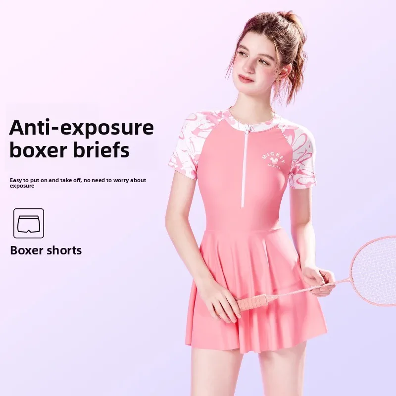 New Disney-Inspired Backless Skirted Swimsuit - Women's One-Piece, Sun-Protective Tummy-Control Hot Spring Vacation Bathing Suit