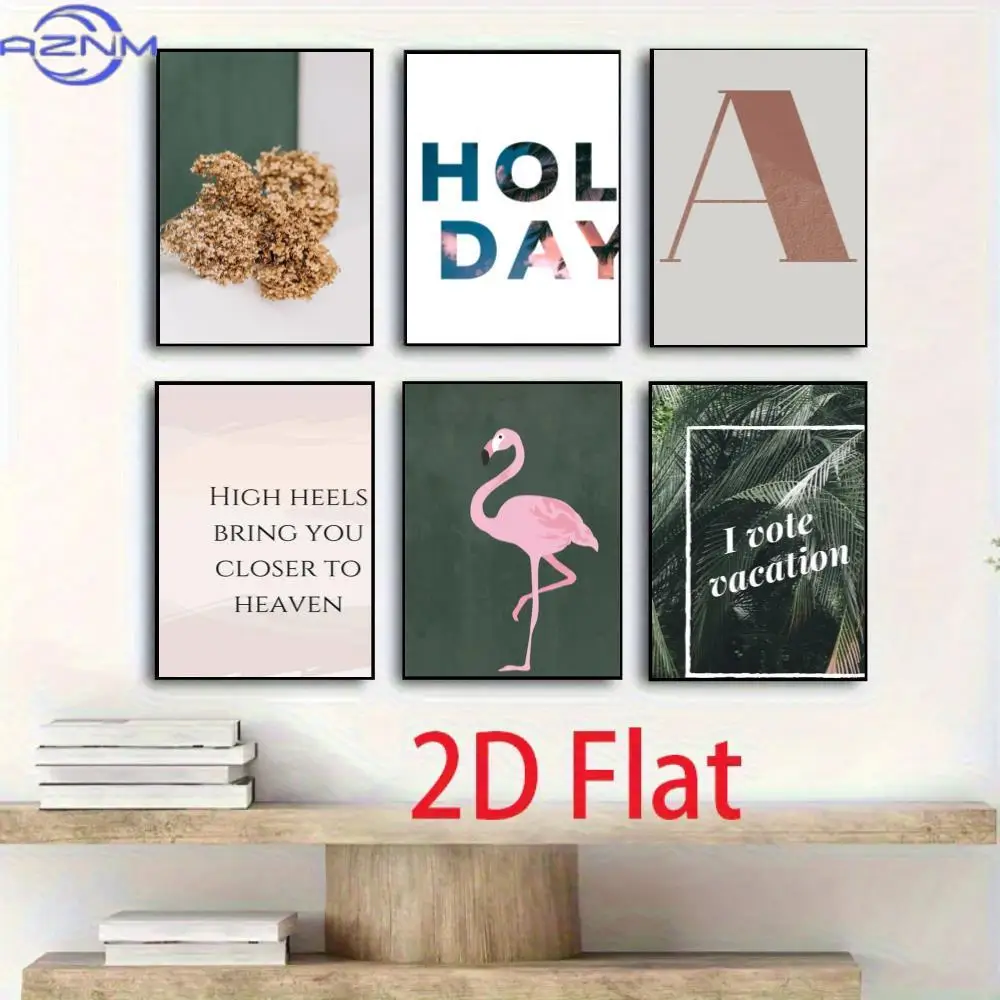 2D/FLAT 6pcs Frameless Abstract Art Canvas Painting, Modern Minimalist Nordic Style Beach Scenery Fashion Design, Flamingo Art P